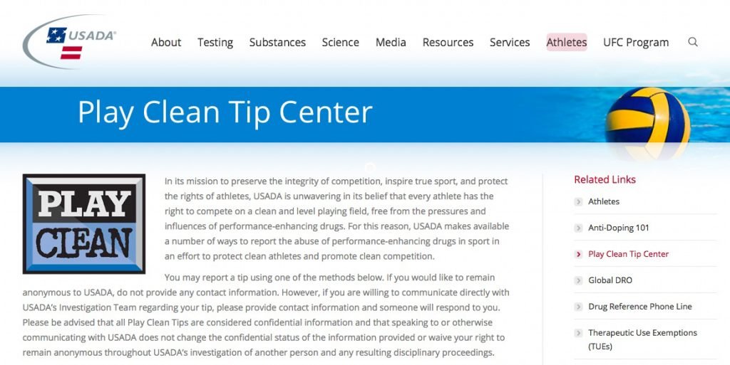 Here USADA page that invites folks to finger suspected drug cheats — even in the masters ranks.