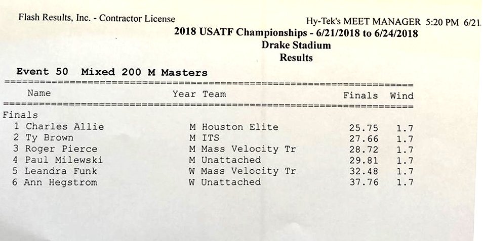 Results of Des Moines masters exhibition neglect to note a stunning M70 world record.