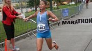 Kate Landau, shown at another race, kicked butt with the kiddies in the Portland 10K.