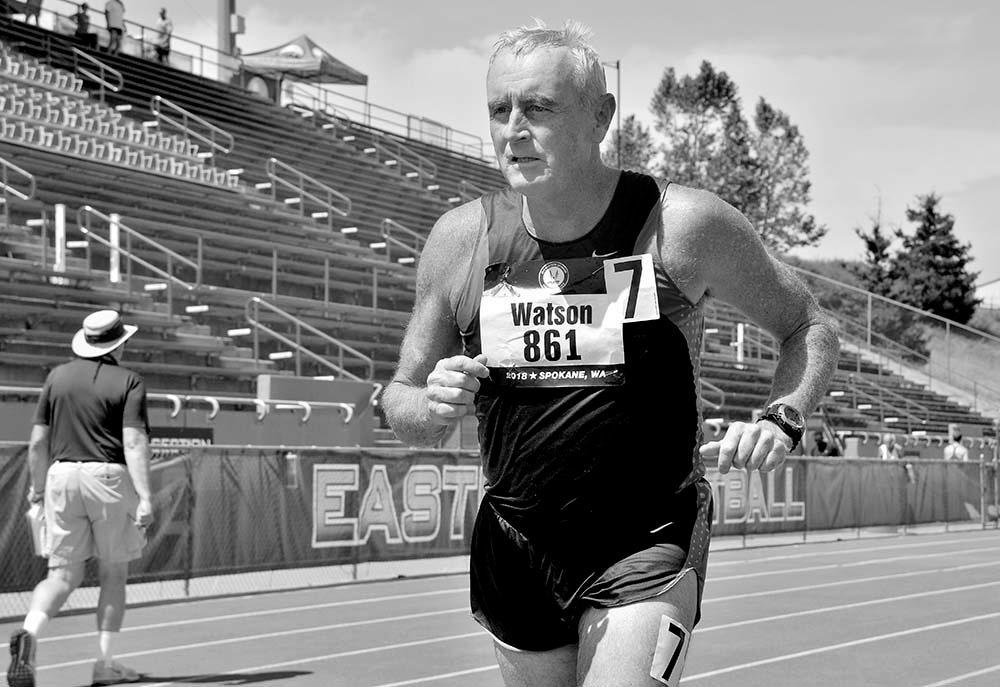 Dr. Richard Watson of Yuma guts out the 1500 – the last event of the M65 pentathlon.