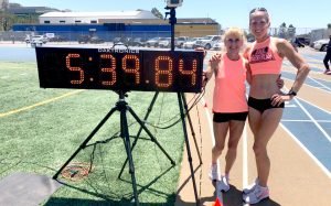 Lesley Hinz (with teammate Sue McDonald) shows off her latest mile world record.