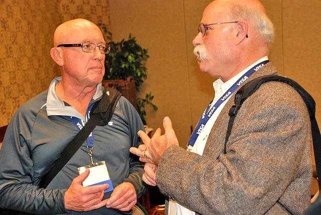 In 2008, George Mathews (left) and Jerry Bookin-Weiner chatted at the Reno annual USATF meeting.
