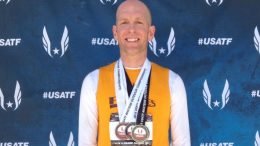Josh Robbins showed off national meet hardware. He rook silvers in Spokane in the M40 100 and pentathlon.