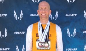 Josh Robbins showed off national meet hardware. He rook silvers in Spokane in the M40 100 and pentathlon.