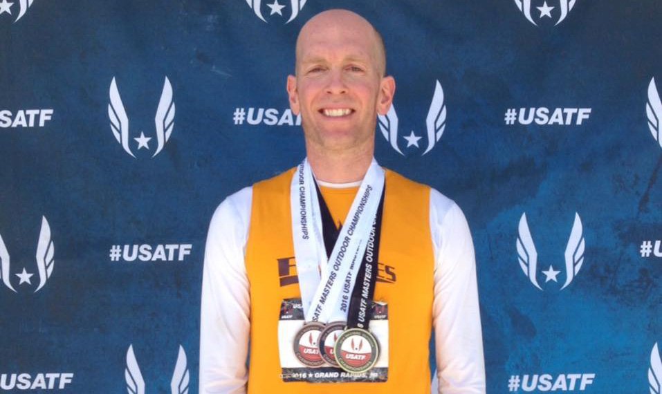 Josh Robbins showed off national meet hardware. He rook silvers in Spokane in the M40 100 and pentathlon.