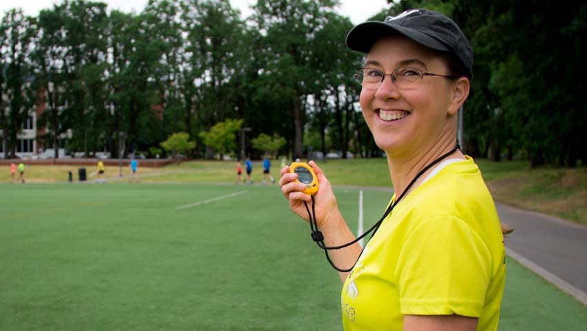 Carmen Jackinsky of Aloha, Oregon, wants to say hello and goodbye to the W55 race walk record over 50 kilometers.