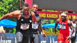 M35 Patrick Jackson hands off to twin brother and former NFL player Fred Jackson in a 4x100 relay.