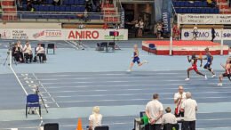 Dr. Allan Tissenbaum easily takes his 60-meter heat race at Torun world masters indoor meet.