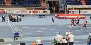 Dr. Allan Tissenbaum easily takes his 60-meter heat race at Torun world masters indoor meet.