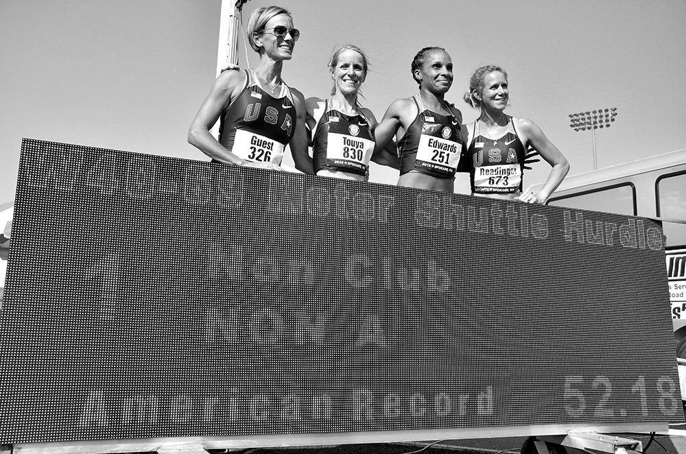 Rachel Guest (left) poses in 2018 with one of her many record-setting relay units.