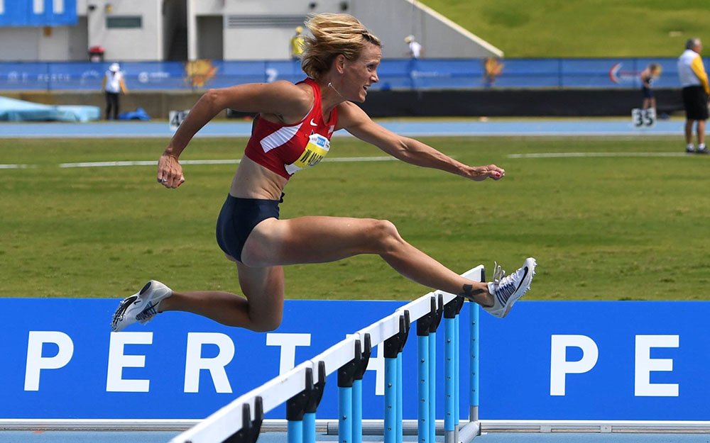 Rachel on way to 11.42 hurdles gold at 2016 Perth worlds.